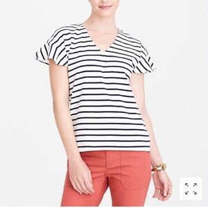 J. Crew Navy and White Flutter Sleeve Top